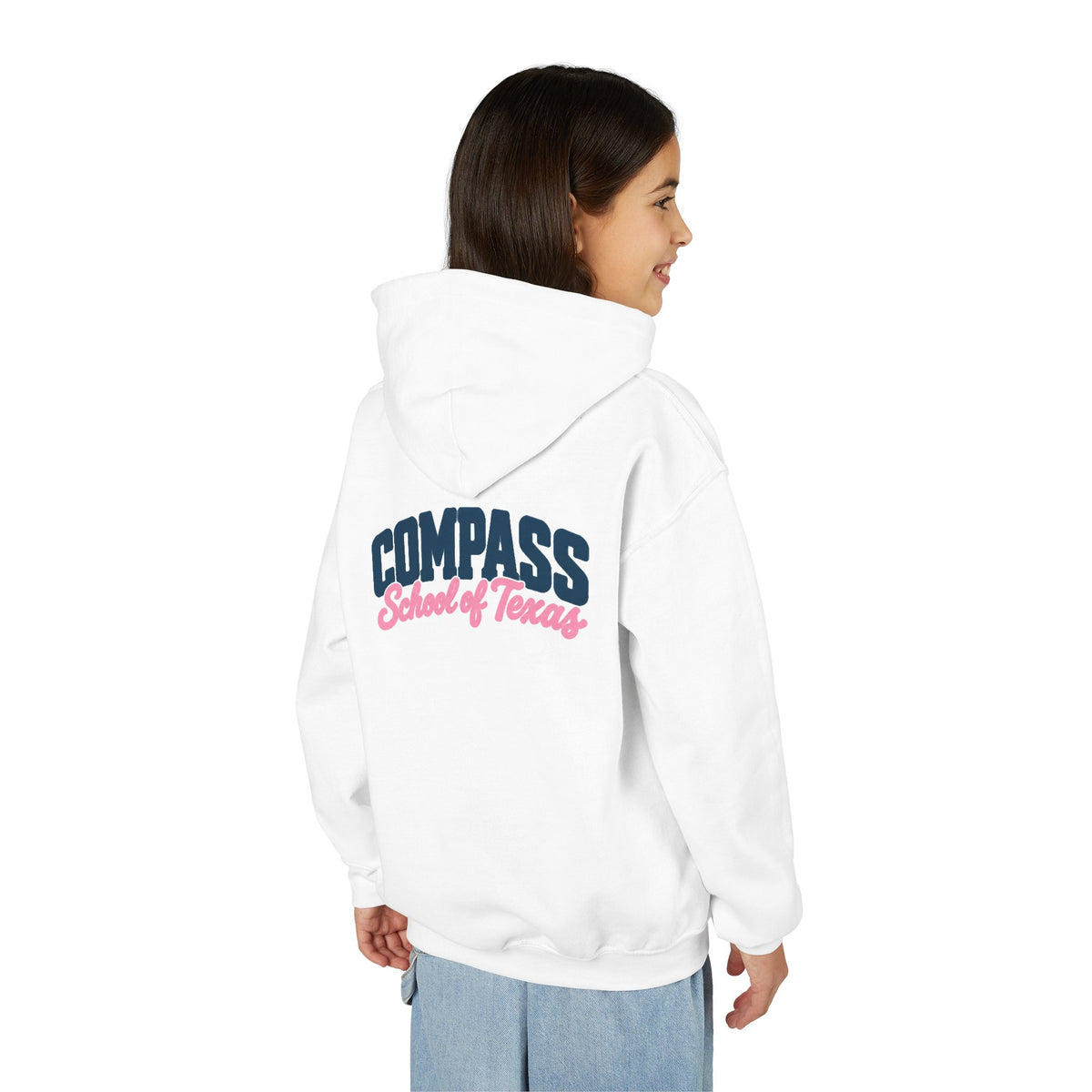 Compass School of Texas Youth Hoodie — White Pullover with Pink & Navy Logo