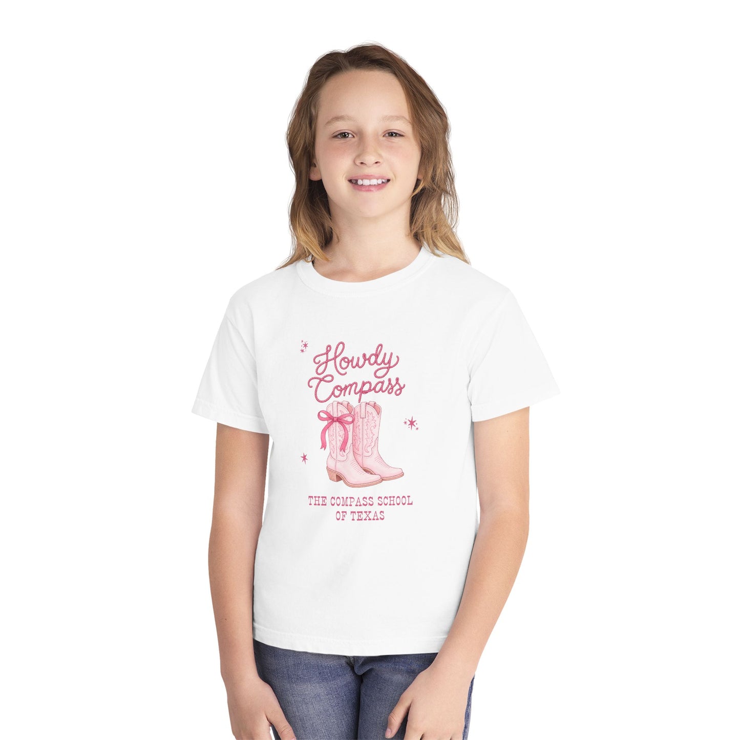 Howdy Compass Youth Tee — Pink Cowboy Boots "The Compass School of Texas"