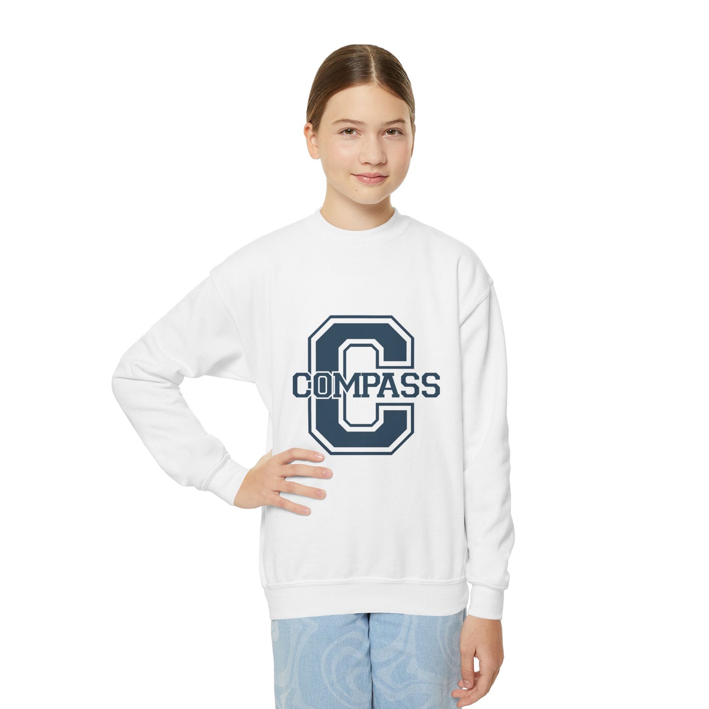 Youth Crewneck Sweatshirt - White with Navy Large C design for Kids