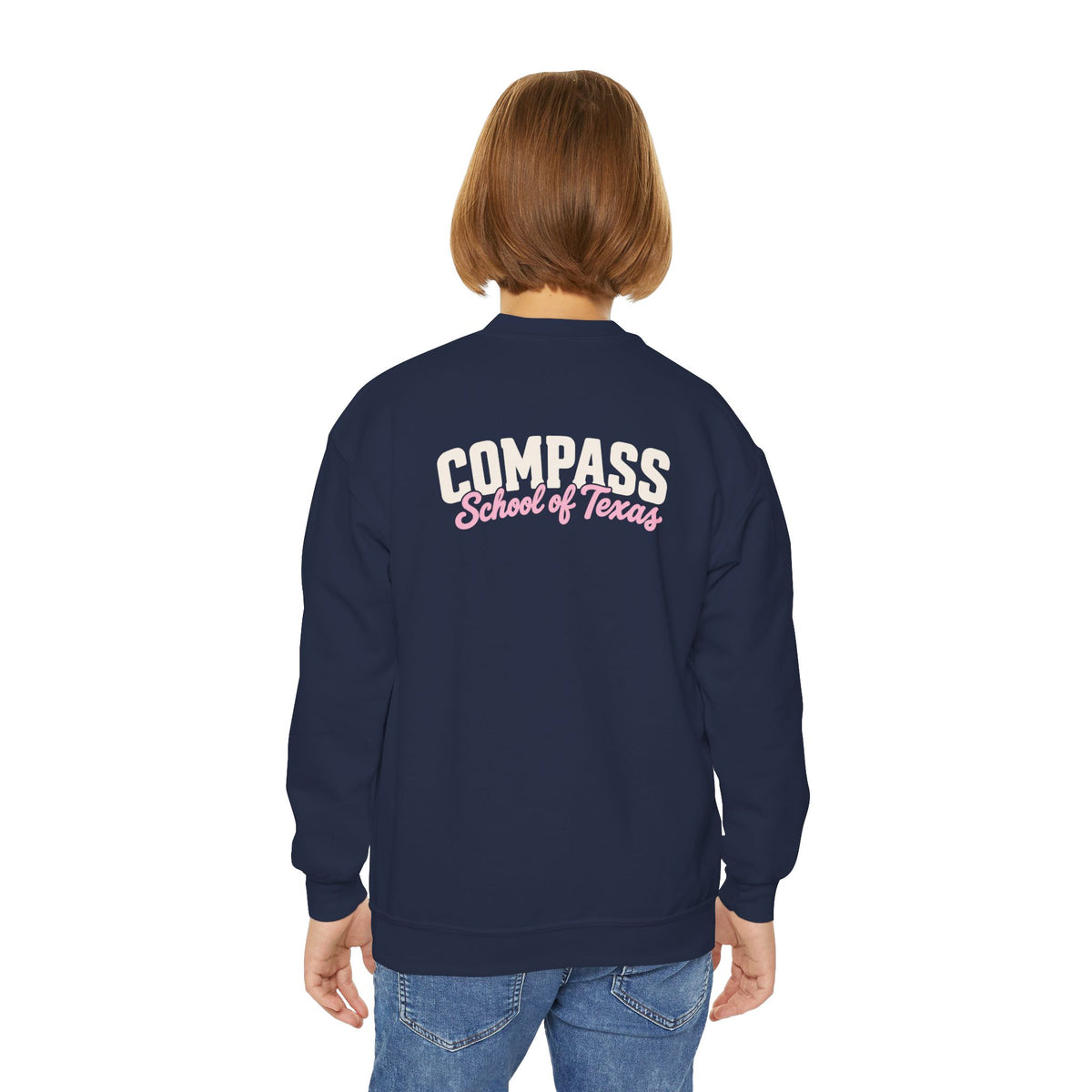 Compass School of Texas Youth Crewneck Sweatshirt — Pink Script Logo