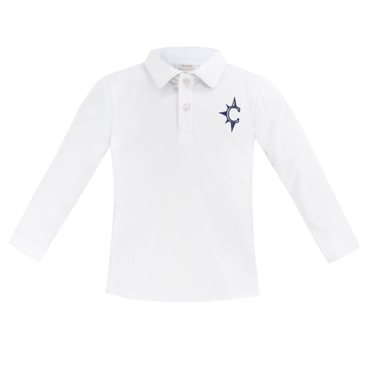 Long Sleeve Polo Shirt - White With Compass Logo